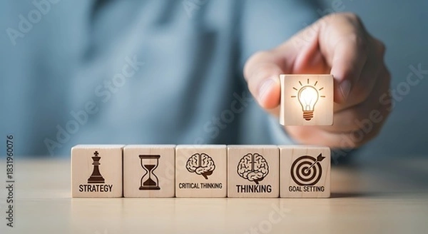 Fototapeta Hand placing a lightbulb block among strategy icons representing creativity innovation and problem solving for business success and future planning