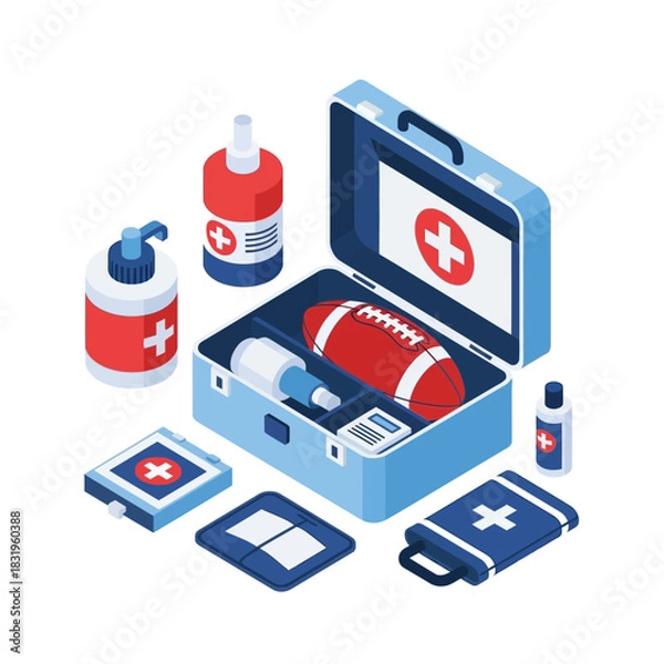 Fototapeta Isometric First Aid Kit with Sports Equipment.