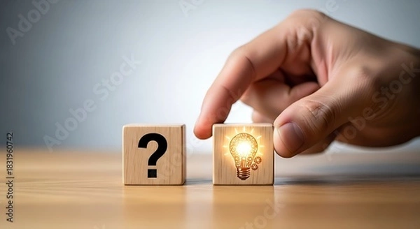 Fototapeta From question to solution hand placing a lightbulb block next to a question mark block on a wooden surface