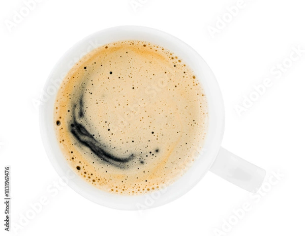 Obraz Cup coffee with creamy milk foam in white cup isolated with clipping path. Top view. Element for design.