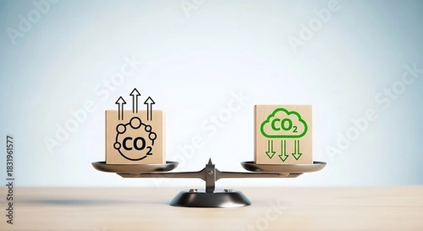 Fototapeta Balancing carbon emissions and carbon capture for a sustainable future depicted with scales and drawings on wood blocks