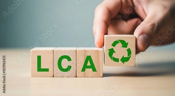 Fototapeta Life cycle assessment concept with wooden blocks and recycle symbol environmental impact analysis and sustainability evaluation in business
