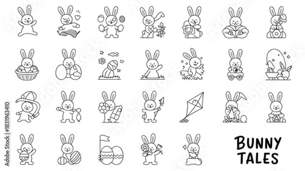 Fototapeta Collection of cute hand drawn bunny illustrations with easter eggs and spring elements for festive designs