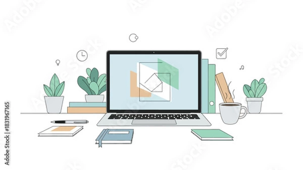 Obraz Flat Line Vector Illustration of Designer Workspace with Laptop Showing Abstract Graphics, Plants, and Clock Icon for Creative Design Process Concept