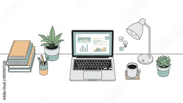 Obraz Flat Line Vector Illustration of Modern Workspace with Laptop Displaying Charts, Desk Lamp, Books, and Coffee for Business Analysis or Remote Work