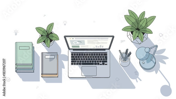 Obraz Top View Vector Illustration of Modern Creative Workspace with Laptop, Plants, Books, and Desk Lamp for Remote Work or Flat Lay Digital Nomad Concept