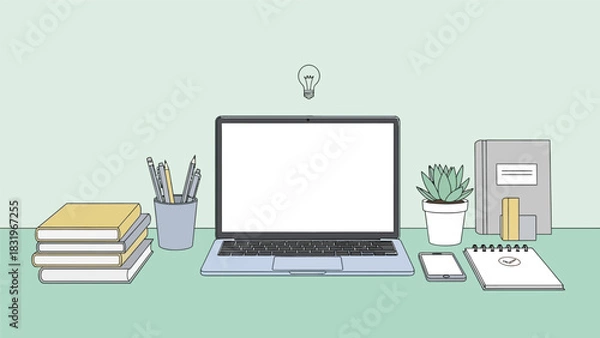 Obraz Detailed Vector Illustration of Cozy Student Workspace with Blank Laptop Screen Mockup, Stack of Books, Coffee, and Plants for Home Education or Creative Study