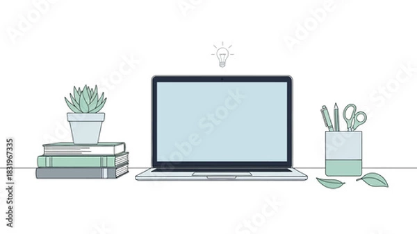 Obraz Minimalist Workspace Vector Illustration with Laptop, Books, and Idea Bulb for Education, Study, or Remote Work Concept