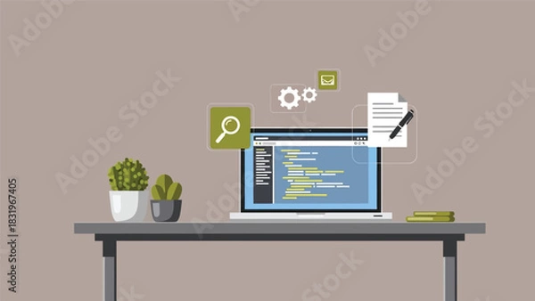 Obraz Flat Vector Illustration of Developer Workspace with Laptop Screen Showing Code, Coding Icons, and Plants for Web Development or Software Engineering Concept