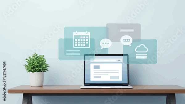 Obraz Digital Business Administration Concept with Laptop Mockup, Potted Plant, and Floating Icons: Calendar, Chat, and Cloud Storage for Modern Office Management