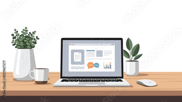 Obraz Digital Business Administration Concept with Laptop Mockup, Potted Plant, and Floating Icons: Calendar, Chat, and Cloud Storage for Modern Office Management