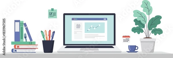 Fototapeta Flat Vector Illustration of Developer Workspace with Laptop Screen Showing Statistic for Web Development or Software Engineering Concept