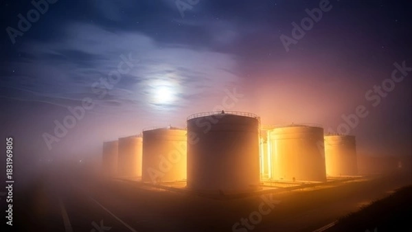 Obraz Dramatic White Storage Tanks Glowing at Night Under Full Moon