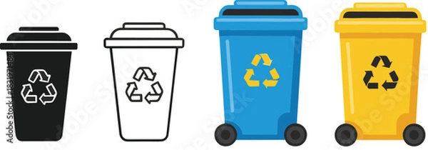 Fototapeta Recycling Bin Icon Set with Colored Trash Containers for Waste Sorting Eco Concept Flat Vector Illustration