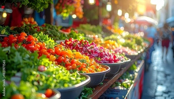 Obraz Realistic Street Food Stall Selling Fresh Salads in Vibrant Urban Market