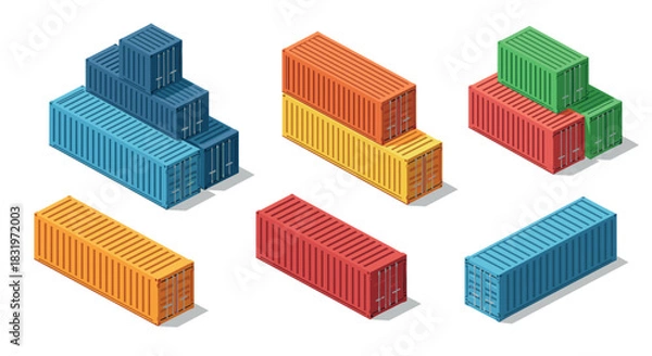 Fototapeta Colorful isometric shipping containers on white background
