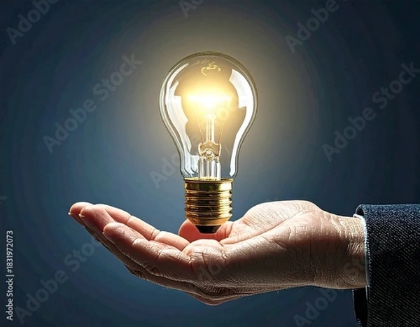 Fototapeta Hand holding a glowing light bulb symbolizing innovation and creative ideas in a dark background