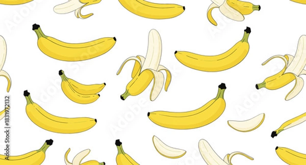 Fototapeta Seamless Banana Pattern with Whole and Peeled Bananas Colorful Flat Vector Background Illustration
