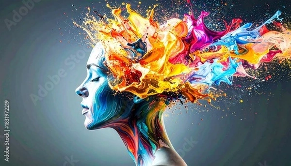 Obraz Colorful paint splashes form a creative crown on a woman's head in a vibrant artistic display showcasing creativity