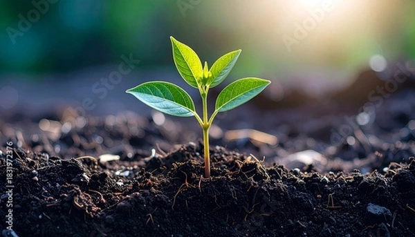 Obraz Growing seedling emerges from rich soil in a sunlit garden during early morning hours showcasing nature's beauty