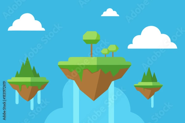 Obraz Floating islands with cascading waterfalls simple vector illustration