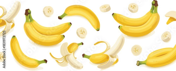 Fototapeta Seamless Banana Pattern with Whole, Peeled and Sliced Bananas Colorful Flat Vector Background Illustration