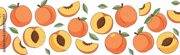 Fototapeta Seamless Peach Fruit Pattern with Whole Halved and Sliced Peaches and Leaves Colorful Flat Vector Illustration