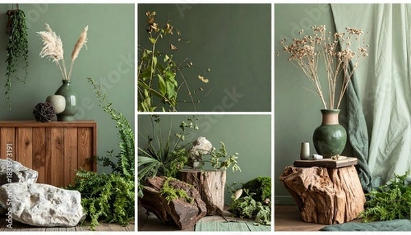 Fototapeta Rustic Interior Scene with Moss, Pampas, and Ceramic Decor