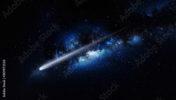 Fototapeta A bright comet streaks across a star-filled night sky, glowing blue within a dense cosmic cloud.