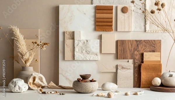 Fototapeta Neutral Material Swatch Grid with Textures and Natural Surfaces