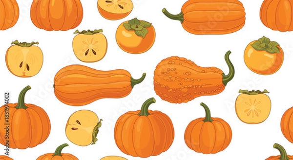 Fototapeta Seamless Pumpkin and Persimmon Pattern with Whole and Cut Vegetables and Fruits Colorful Flat Vector Background Illustration