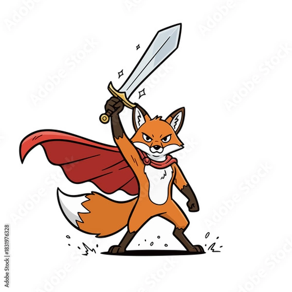 Fototapeta Heroic Fox Warrior with Sword and Cape Raised in Victory Pose
