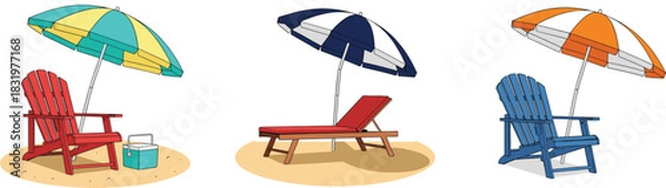 Fototapeta Cartoon Beach Chairs with Umbrellas Summer Vacation Set Colorful Flat Vector Illustration Isolated on White