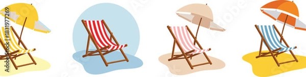 Fototapeta Cartoon Beach Deck Chairs with Umbrellas Summer Vacation Relaxation Set Colorful Flat Vector Illustration Isolated White Background