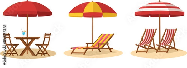 Fototapeta Cartoon Beach Umbrella Scenes with Table Chairs and Sun Loungers Summer Vacation Flat Vector Illustration Set