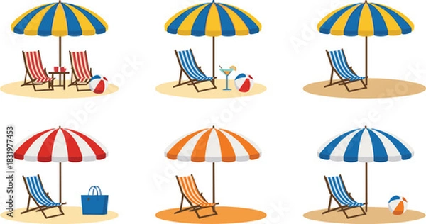Fototapeta Cartoon Beach Umbrellas and Deck Chairs Collection with Summer Vacation Accessories Colorful Flat Vector Illustration Set