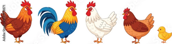 Fototapeta Cartoon Farm Chicken Characters with Rooster, Hens, and Chick Colorful Flat Vector Illustration Isolated on White Background