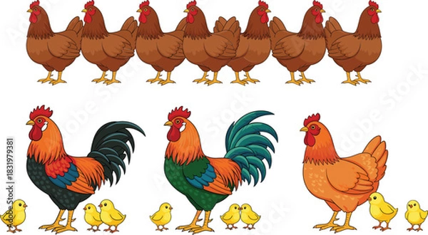 Fototapeta Cartoon Farm Chicken Collection with Roosters, Hens, and Chicks Colorful Flat Vector Set Isolated on White Background