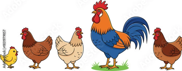 Fototapeta Cartoon Farm Rooster and Hen Set with Chick Colorful Flat Vector Illustration Isolated on White Background