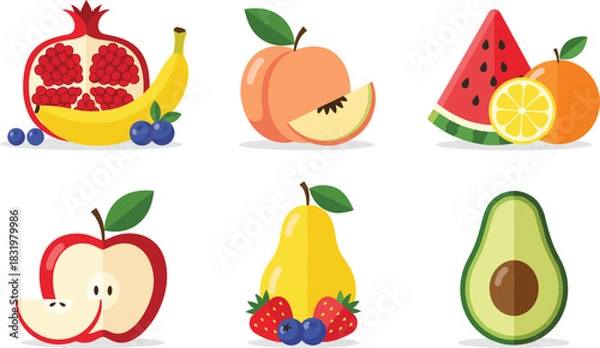 Fototapeta Cartoon Mixed Fruit Collection with Apple Pear Avocado Peach Watermelon Citrus and Berries Colorful Flat Vector Illustration
