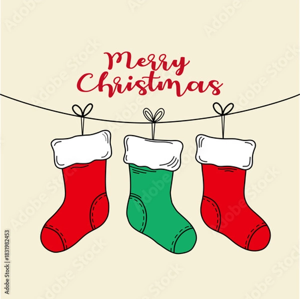 Obraz Merry Christmas Hanging Stockings Vector Illustration with Red and Green Socks Holiday Greeting Design