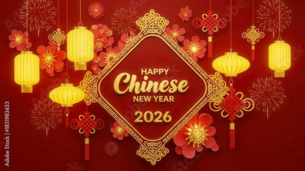 Fototapeta Happy chinese new year 2026 greeting card design with traditional red background, golden lanterns, festive ornament, and floral decoration for celebration