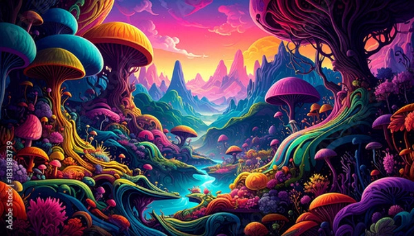 Fototapeta Vibrant Psychedelic Fantasy Mushroom Landscape