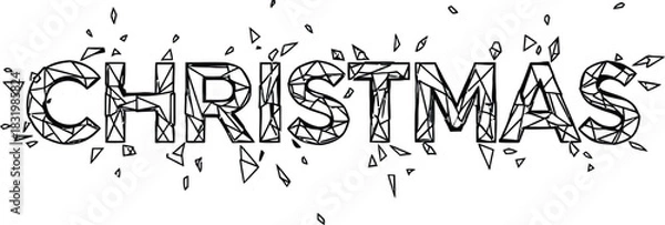 Fototapeta Geometric shattered Christmas text in black outline on white background lettering