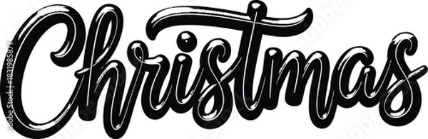 Fototapeta Glossy black Christmas text with a white outline on a white background lettering calligraphy