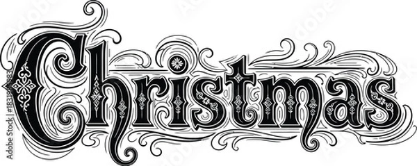 Fototapeta Ornate black Christmas lettering with swirling decorative elements on a white background text word