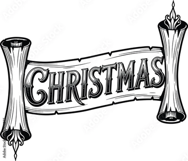 Fototapeta Vintage Christmas Banner with Ornate Scrollwork and Decorative Ends ribbon text