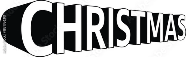 Fototapeta 3D Christmas text with receding perspective and dark shadow on white background lettering typography