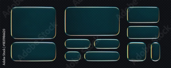 Fototapeta 3D liquid glass button and frame set with transparent holographic glow, isolated on dark background. Futuristic UI, UX elements for digital apps, web design or game interfaces. 3D tech glass vector