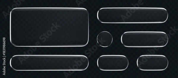 Fototapeta 3D liquid glass button and frame set with transparent silver shine, isolated on dark background. Futuristic UI, UX elements for digital apps, web design or game interfaces. 3D tech glass vector